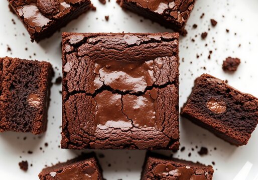 Delicious brownies cut into squares on a white plate