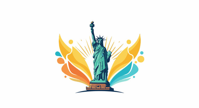 Stylized iconic statue with colorful radiating abstract shapes