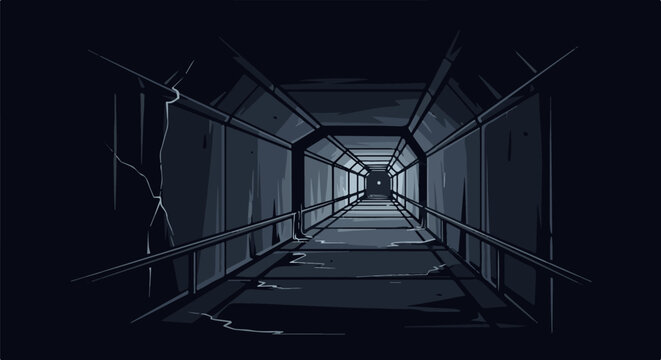 Dark, cracked concrete tunnel with a faint light at the end