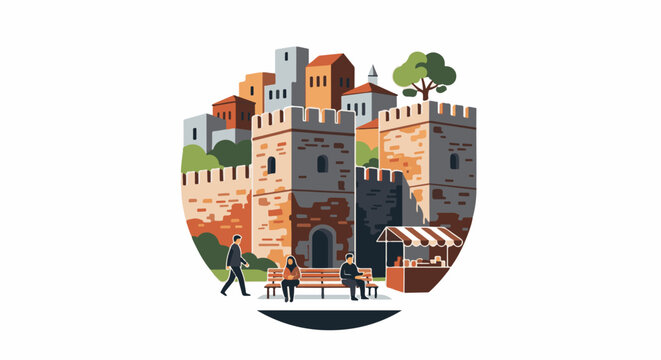 Historic town with towers, people sitting on a bench, and a street vendor