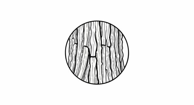 Circular emblem featuring a detailed black and white illustration of textured tree bark