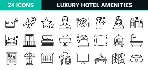 Fototapeta premium Luxury Hospitality and Hotel Service minimalist Monoline Icon Set Featuring Geometric Line Art for Premium Travel and Resort Utility