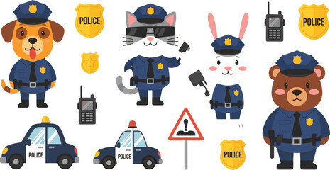 Police animal characters vector set with dog cat rabbit and bear officers patrol car badges and equipment illustration isolated on white background © AdhinChandra