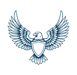Fototapeta premium Eagle with spread wings and shield emblem isolated on white background