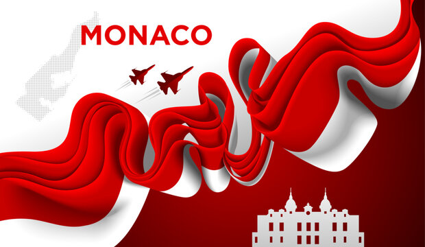 Monaco Flag Wave Abstract Background with Minimal Flowing Ribbon Design
