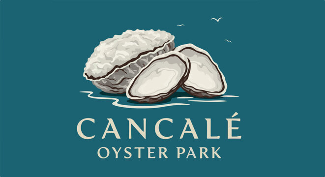 Stylized illustration of oysters on a teal background with text