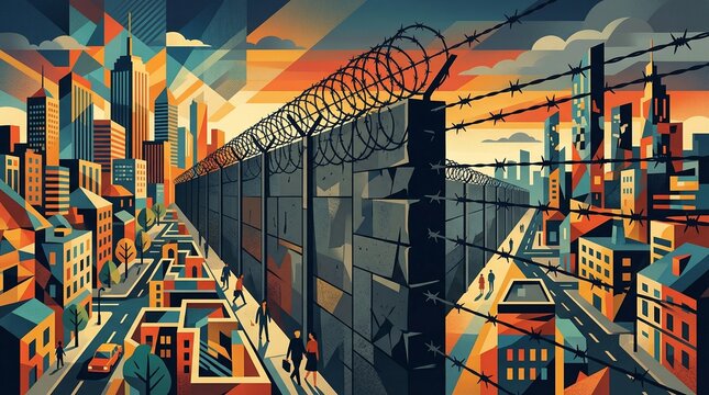 Abstract cityscape with imposing wall and barbed wire, symbolizing division and urban isolation.