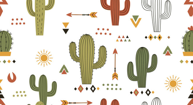 Tribal cactus seamless pattern vector with geometric shapes arrows and desert elements boho style illustration isolated on white background