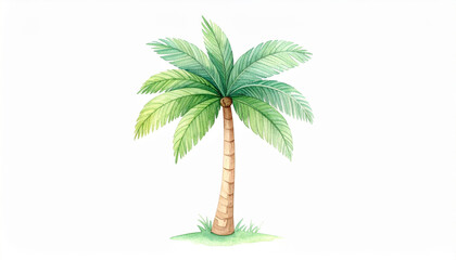 Obraz premium Watercolor palm tree with green leaves and brown trunk isolated on white background, bright tropical nature illustration