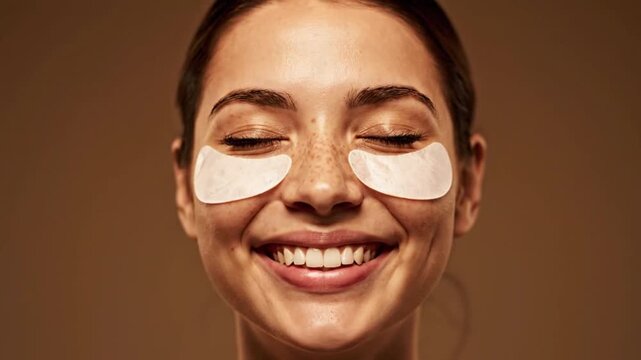 Happy Young Woman with Freckles Wearing Under Eye Patches Smiling for Skin Care and Beauty Treatment