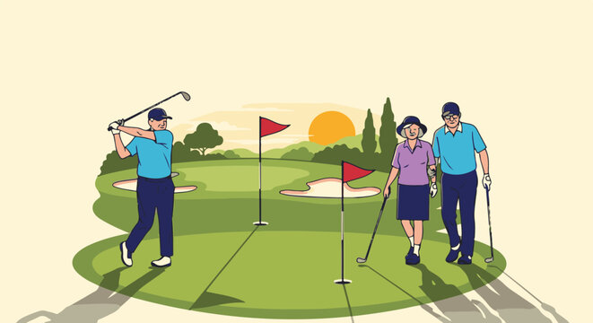 Senior couple and golfer enjoying a sunny day on the golf course