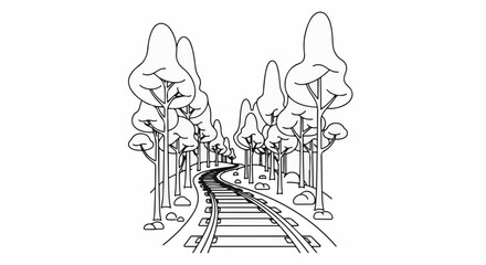 Obraz premium A stylized, curving railway line winds through a forest of trees
