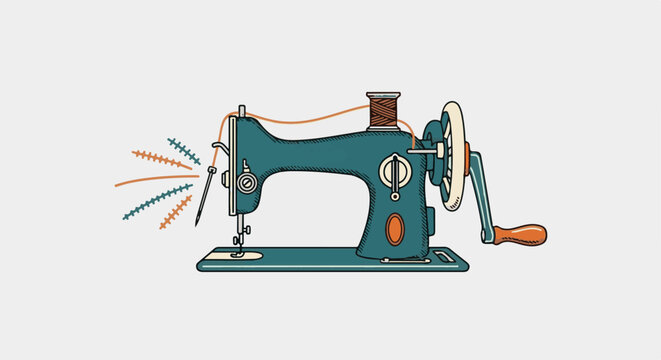 Antique teal sewing machine with hand crank stitches orange and blue