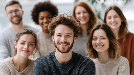 Obraz premium United smiles of collaborative Team: A diverse group of cheerful individuals radiates warmth, embracing the camera with genuine smiles, embodying unity.