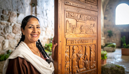 Obraz premium Mature woman in biblical attire smiling near carved wooden door inside ancient stone building with natural light