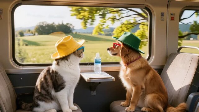 Stylish cat and golden dog sit facing each other in a train carriage wearing colorful hats and sunglasses with scenic landscape outside creating playful anthropomorphic travel mood