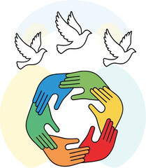 Obraz premium Three white doves fly above a circle formed by six interlocking, multi-colored human hands symbolizing unity and peace.