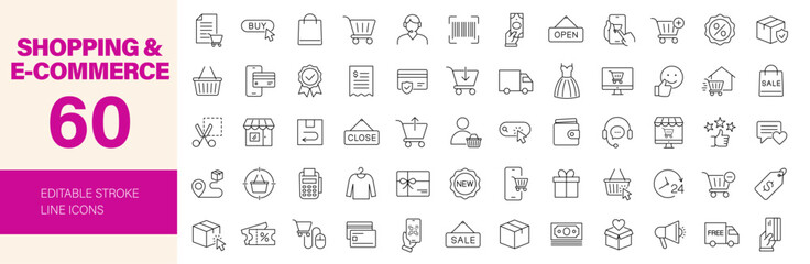 Naklejka na ściany i meble Shopping and E-commerce icon set. Editable line icons. Vector illustration.