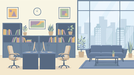 Fototapeta premium Modern office interior with workspace, lounge area, and city skyline view