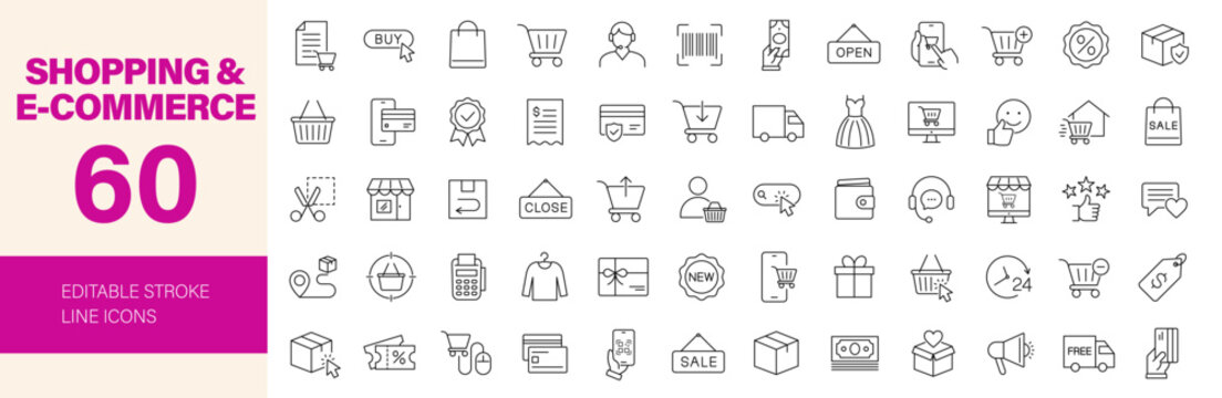 Shopping and E-commerce icon set. Editable line icons. Vector illustration.