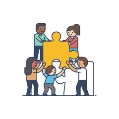 Fototapeta premium Diverse group of people working together to assemble a large puzzle, symbolizing teamwork and collaboration