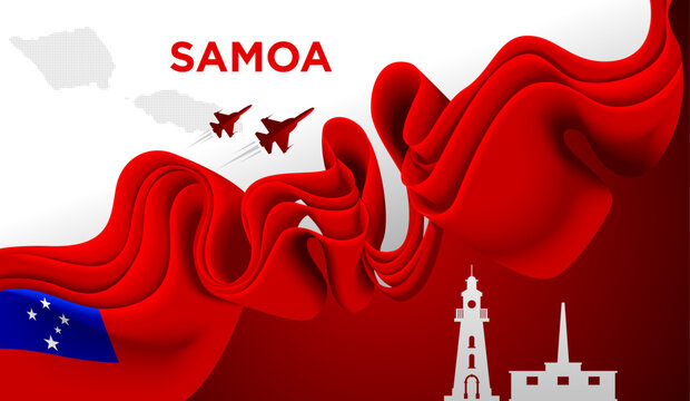 Samoa Flag Wave Abstract Background with Flowing Ribbon Design