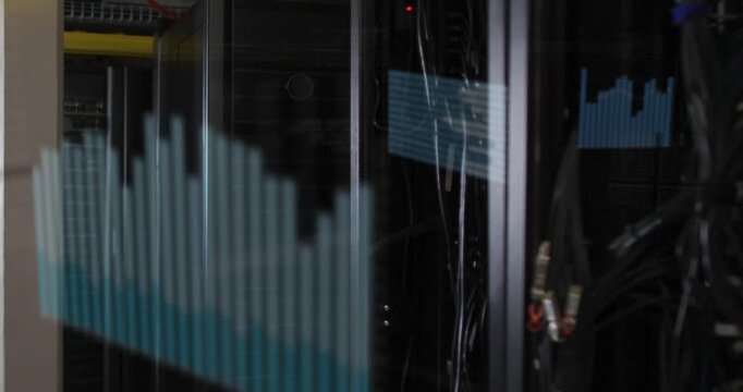 Rack glass showing data, vertical teal bars appearing, sliding into stacked bars for monitoring