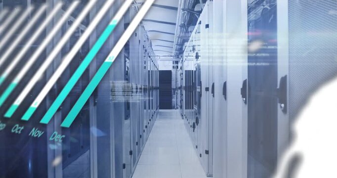 Data center corridor staying centered, circles appearing, bars growing, globe showing monthly data