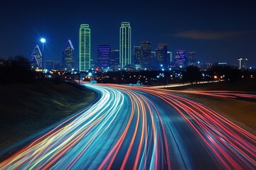 Obraz premium Vibrant Nighttime Cityscape with Dynamic Traffic Flow and Illuminated Skyscrapers in Urban Setting