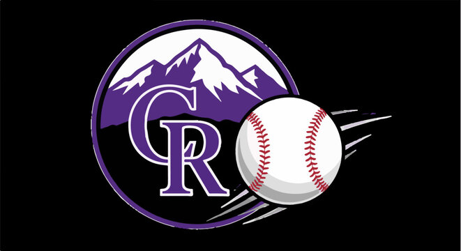 A baseball with motion lines flies past purple mountains with letters C and R