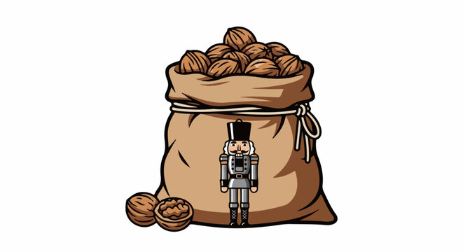 A burlap sack overflows with walnuts, a nutcracker stands guard