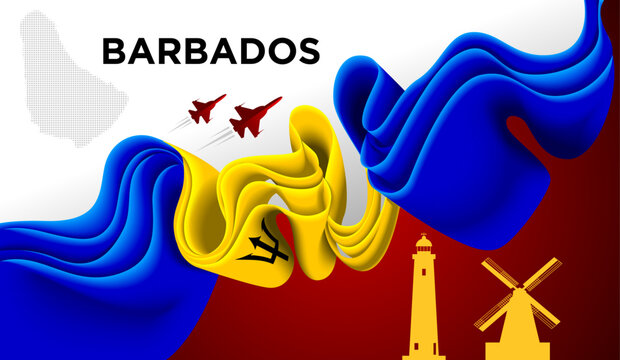 Barbados Ribbon Flag Abstract Blue Yellow Trident Design