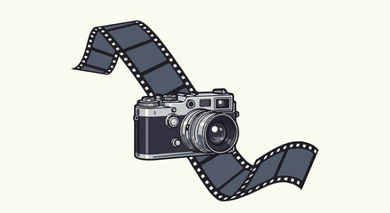 Obraz premium Vintage camera with film strip flowing around it on a light background