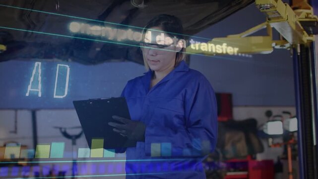 Vertical video: Reading clip Asian tech in coveralls checking car in shop for audit overlay showing