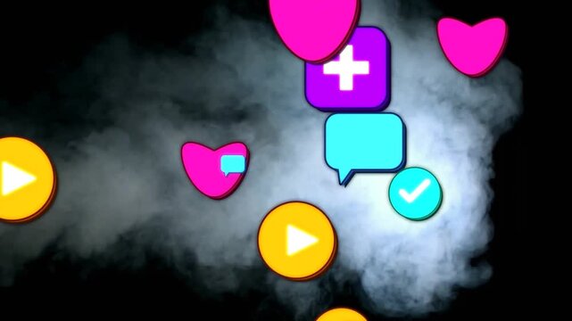 Hearts, chats, plays spawning from edges, drifting over smoke, illustrating social media engagement