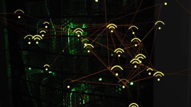 Data flow sparking network overlay over server rack, nodes pulsing, rerouting links showing paths