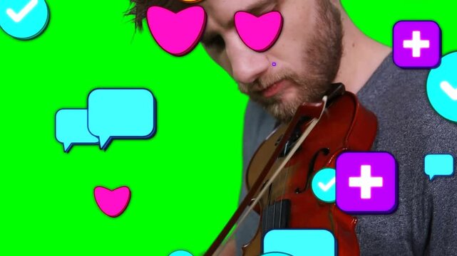 Male violinist playing while icons entering from left float, piling over violin showing engagement