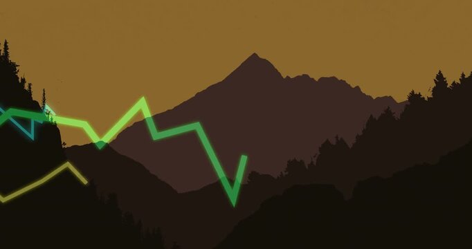 Neon traces emerging from left hillside and racing over central mountain, aiding tech visualization