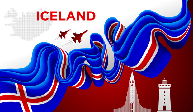 Iceland Ribbon Flag Abstract Blue Red White Nordic Cross Design