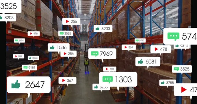 Warehouse worker riding scooter while chat badge multiplying overlays around him tracking reach