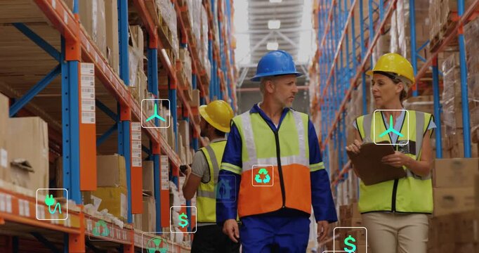 Warehouse crew walking aisle, left worker scanning stock and icons growing around staff and shelves