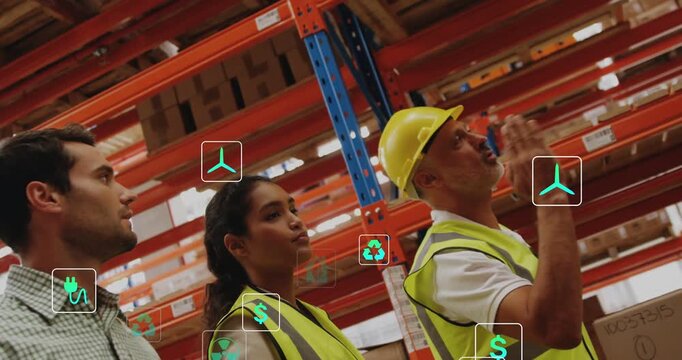 Vertical video: Lead entering left guiding crew walking and pointing, rising icons showing safety