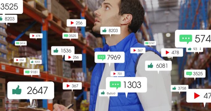 Metric bubbles multiplying, inspector looking up, scanning racks and writing notes to log stock