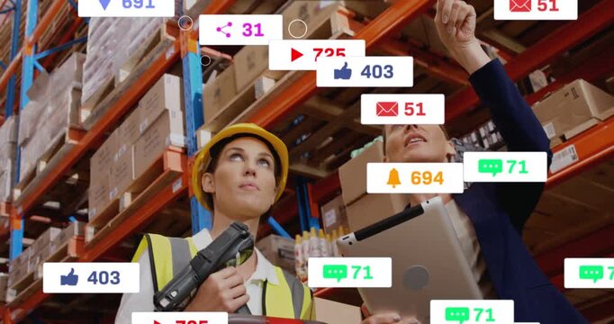 Manager pointing at shelf, causing operator scanning with scanner, creating alerts for logistics