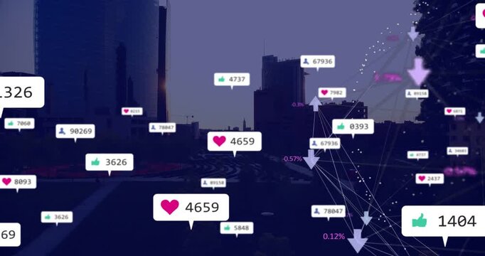 Animating social media overlay moving across downtown plaza at dusk, showing heart bubbles, network