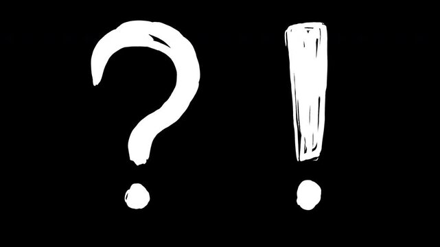 Animated hand drawn white question mark and exclamation point on black background. Sketchy, expressive scribble style with brush stroke texture. 