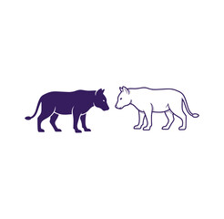 Fototapeta premium Two stylized rhinoceroses facing each other in purple outline and silhouette on white background