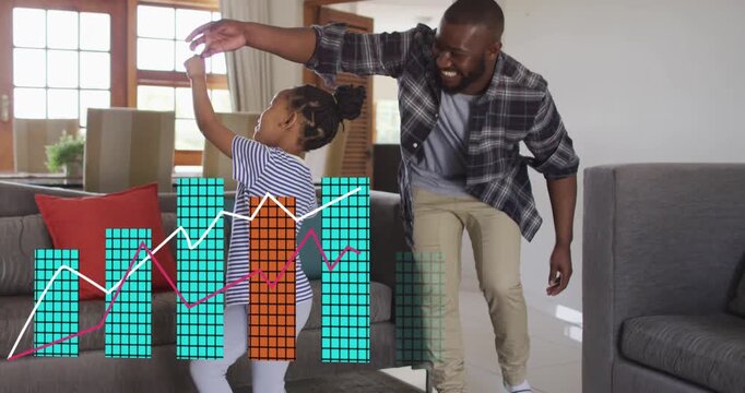 Father reaching for daughter's hand, guiding playful twirl in home, finance charts rising below