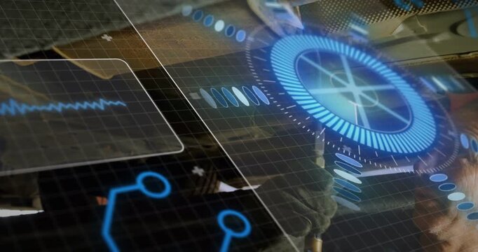 On probe approach, Holo HUD pulsing over grid while tech bringing gloved tool to align component