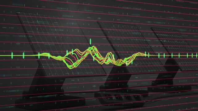 RGB waveform starting low, cyan ticks pulsing, traces growing diverging to peaks for monitoring